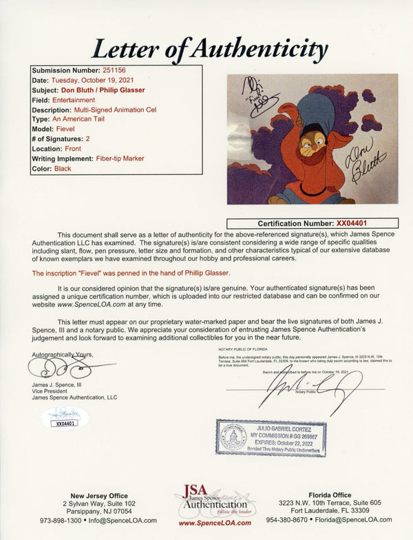 An American Tail 10.5x12.5  Animation Production Cel Cast x2 Signed Bluth, Glasser JSA LOA Certified Autograph