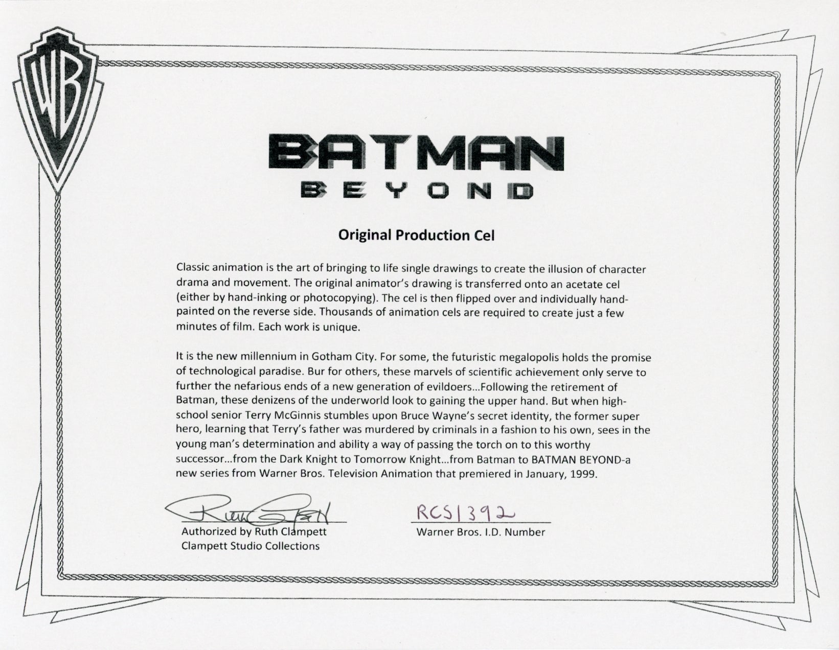 Will Friedle Batman Beyond 9x10 Signed Animation Production Cel JSA COA Certified Autograph