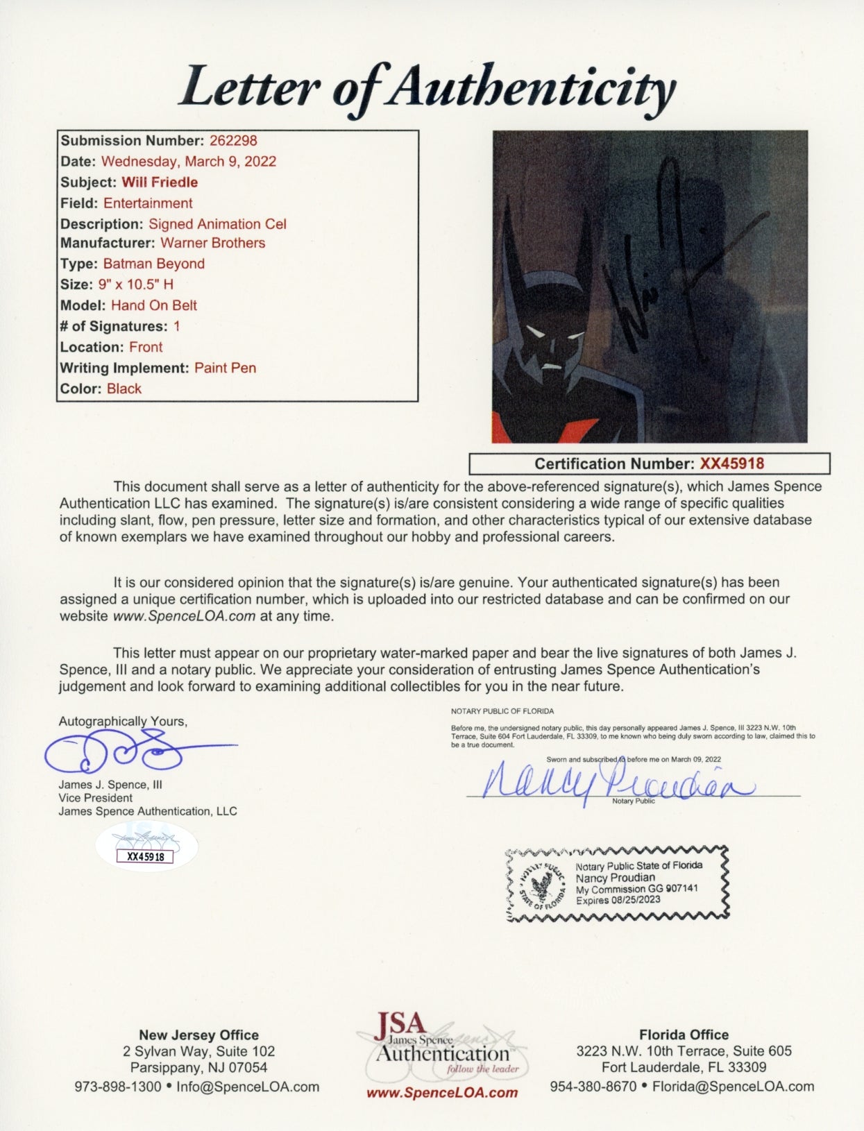 Will Friedle Batman Beyond 9x10.5 Signed Animation Production Cel JSA LOA COA Certified Autograph