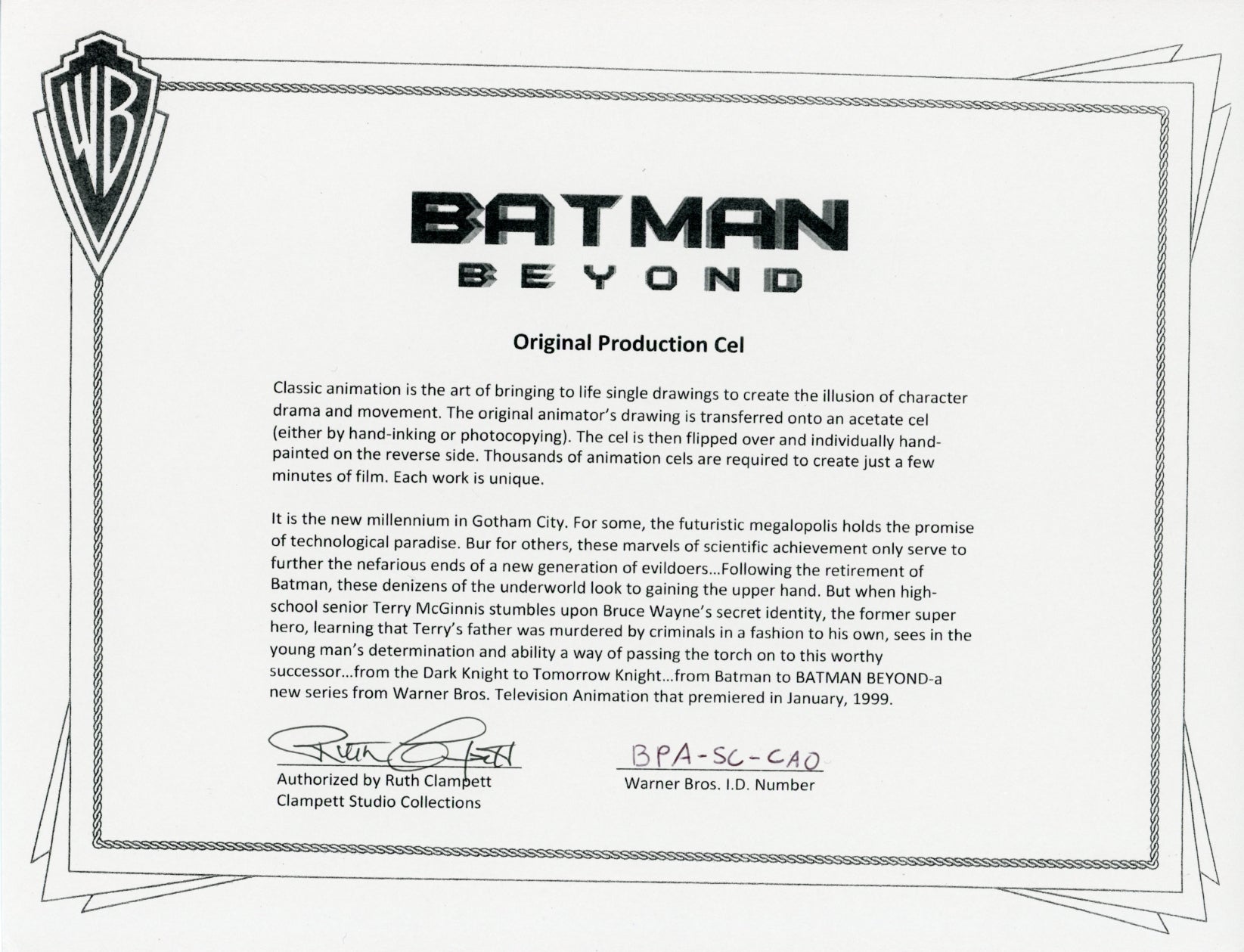 Will Friedle Batman Beyond 9x10.5 Signed Animation Production Cel JSA LOA COA Certified Autograph