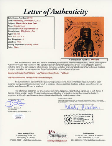 Planet of the Apes Signed Vintage Press Kit Cardi Porter Wagner Williams JSA COA Certified Autographs